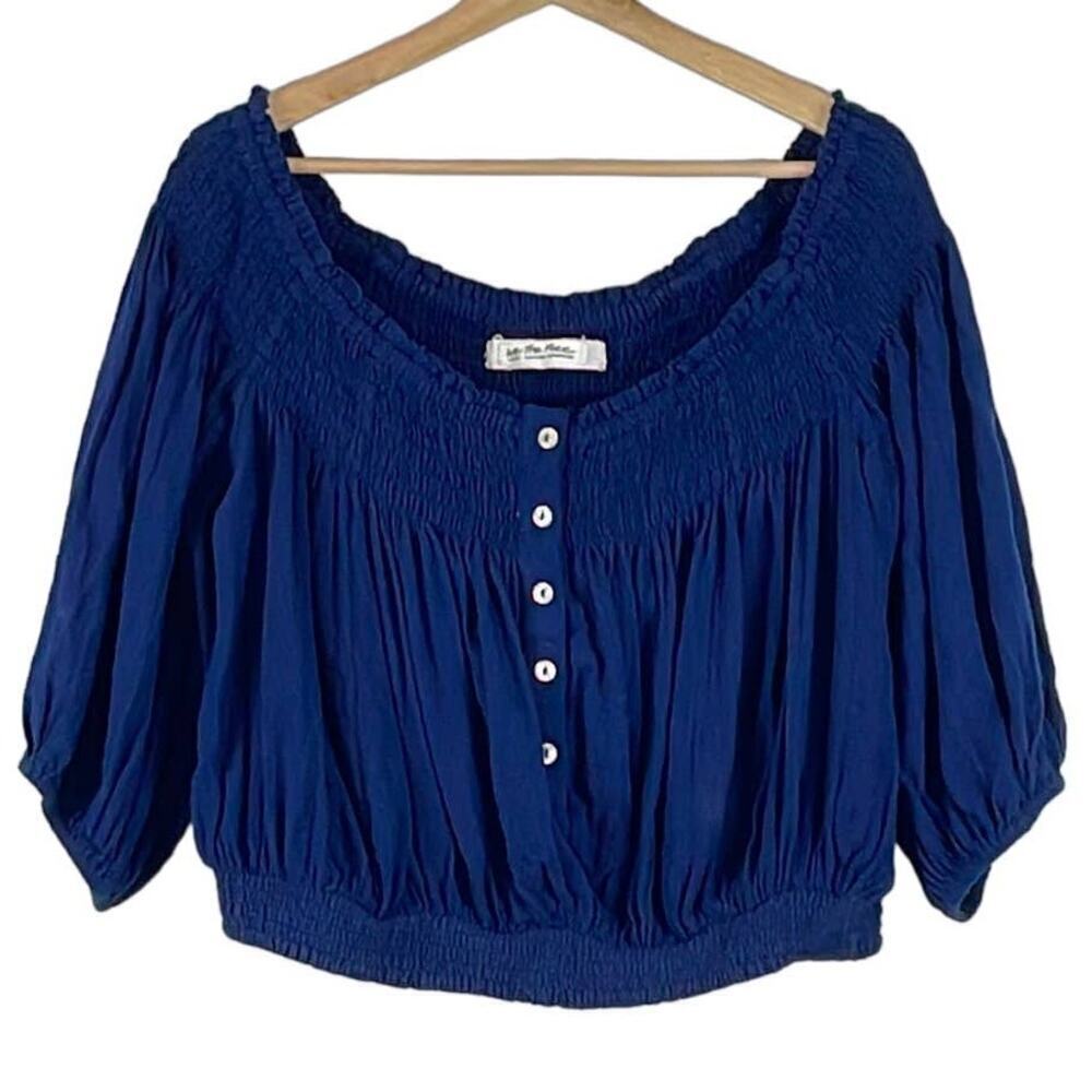 WE THE FREE CROPPED TOP OFF SHOULDER NAVY‎ BLUE SIZE L